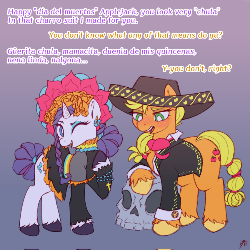 1:1 applejack_(mlp) blonde_hair calavera charro cross day_of_the_dead duo equid equine female female/female friendship_is_magic green_eyes hair hasbro hi_res holidays horse mammal mexican mexico my_little_pony one_eye_closed pony purple_background rarity_(mlp) scarletrabbits simple_background upper_teeth