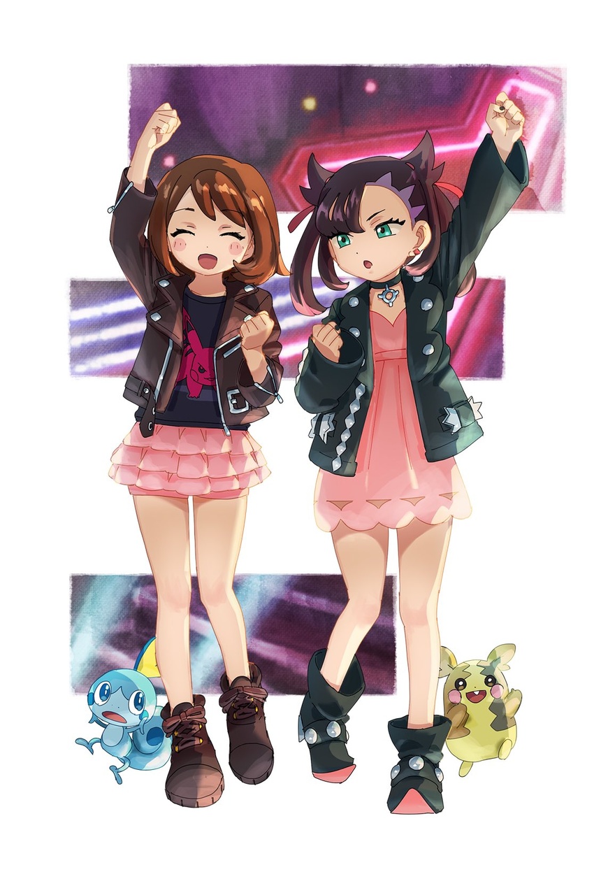 2girls alternate_costume asymmetrical_bangs asymmetrical_hair black_choker black_hair black_jacket black_nails boots brown_hair character_print choker closed_eyes commentary_request dress gloria_(pokemon) green_eyes highres jacket marnie_(pokemon) medium_hair morpeko morpeko_(full) multiple_girls open_mouth pikachu pink_dress pokemon pokemon_(creature) pokemon_swsh short_hair skirt smile sobble temk twintails