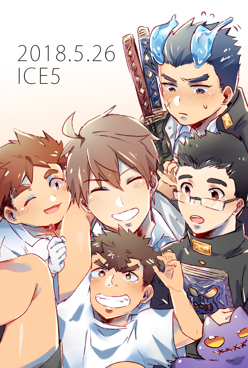 5boys :d aged_down arm_on_another's_shoulder blush brown_hair creature dated devil_(housamo) fiery_horns gakuran glasses hair_slicked_back highres horns lolicon male_focus male_harem motoori_shiro multiple_boys protagonist_4_(housamo) sakimori_toji school_uniform short_hair sideburns smile sweatdrop sword takabushi_kengo thick_eyebrows tokyo_afterschool_summoners weapon yakushimaru_ryota yaoi zaoanjisi