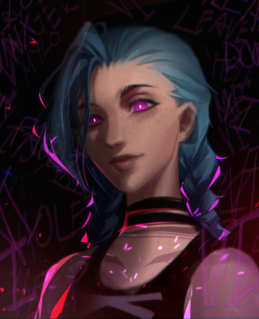 arcane:_league_of_legends arcane_jinx asymmetrical_bangs bare_shoulders black_background black_choker black_shirt blue_hair braid choker closed_mouth collarbone female freckles highres jinx_(league_of_legends) league_of_legends long_hair looking_at_viewer pink_eyes red_background shirt sleeveless smile solo tattoo twin_braids upper_body vincent_t_(oriaarts)