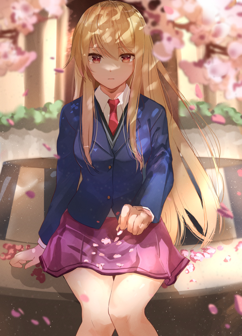 blazer blonde_hair blue_jacket breasts cherry_blossoms collared_shirt female herigaru_(fvgyvr000) highres jacket long_hair long_sleeves medium_breasts miniskirt necktie orange_eyes purple_skirt red_necktie sakura-sou_no_pet_na_kanojo school_uniform shiina_mashiro shirt sitting skirt solo white_shirt