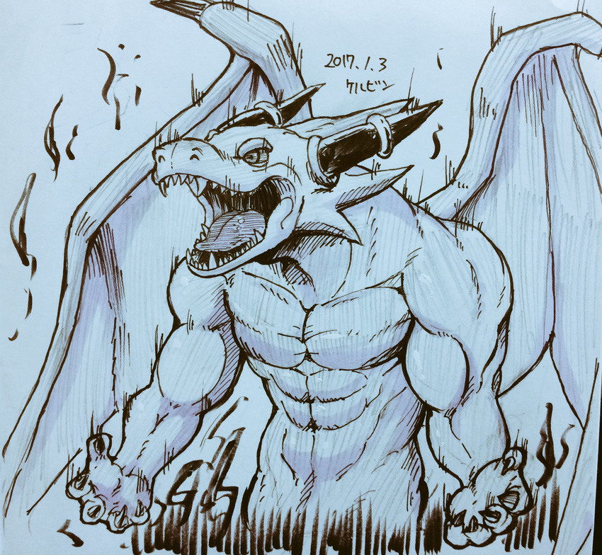 abs anthro biceps blue_dragon_(character) blue_dragon_(series) claws dragon fangs hi_res horn kelvin_kombinat male monochrome muscular muscular_male mythological_creature mythological_scalie mythology pecs scalie sharp_teeth teeth wings