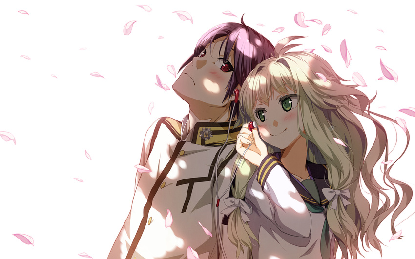 blonde_hair blush brown_hair cherry_blossoms g_yuusuke green_eyes light long_hair male petals red_eyes seifuku short_hair sousyu_sensinkan-gakuen_bansenjin tagme_(character) white