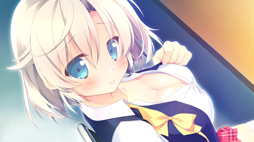 alcot blonde_hair blue_eyes bow breasts chikotam cleavage close game_cg loverec mikuriya_nori open_shirt seifuku short_hair undressing