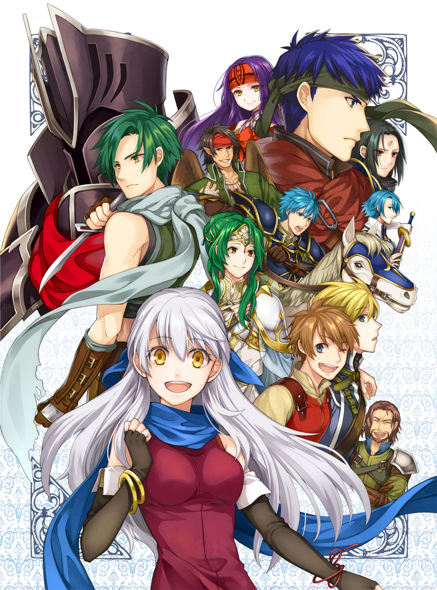 4girls 6+boys :d anniversary armor bare_shoulders black_armor black_gloves black_hair black_knight_(fire_emblem) blonde_hair blue_eyes blue_hair blue_scarf brown_eyes brown_hair cape commentary_request dagger dress edward_(fire_emblem) elbow_gloves elincia_ridell_crimea facial_mark fingerless_gloves fire_emblem fire_emblem:_radiant_dawn full_armor geoffrey_(fire_emblem) gloves green_hair hair_over_one_eye hair_ribbon half_updo headband helmet highres horse jewelry knife leonardo_(fire_emblem) long_hair lucia_(fire_emblem) micaiah_(fire_emblem) multiple_boys multiple_girls nolan_(fire_emblem) open_mouth pointy_ears purple_hair red_eyes ribbon robe sanaki_kirsch_altina scarf sleeveless sleeveless_dress smile soren_(fire_emblem) sothe_(fire_emblem) tibarn_(fire_emblem) weapon white_hair wings yellow_eyes yoshino_wataru