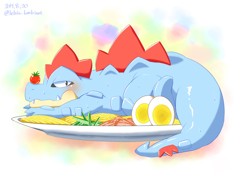 2014 blush character_on_plate crocodilian feraligatr food food_fetish food_play generation_2_pokemon hi_res kelvin_kombinat male nintendo plate pokemon pokemon_(species) reptile scalie solo