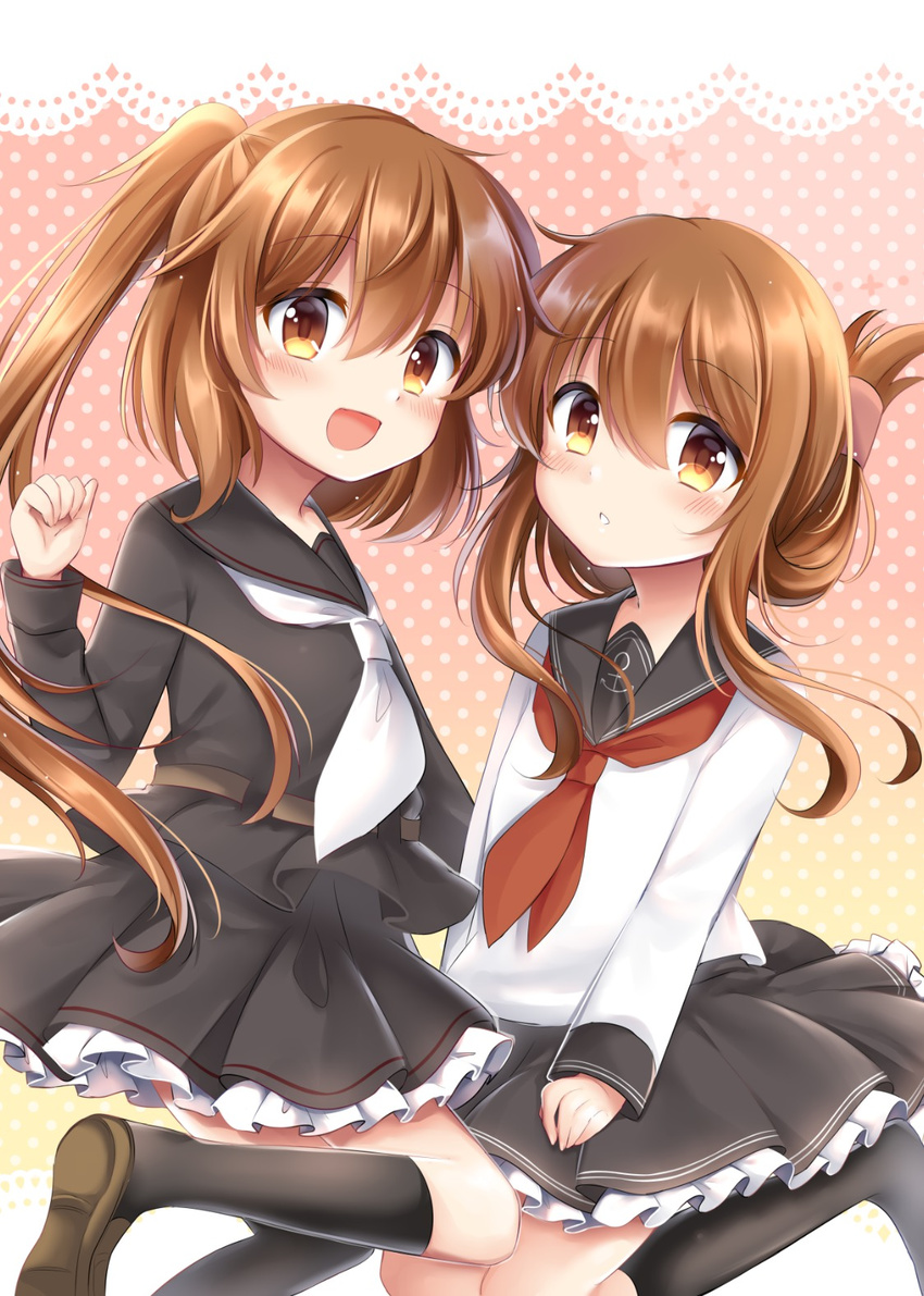 adapted_costume black_legwear black_sailor_collar black_serafuku black_skirt blush brown_eyes brown_footwear brown_hair folded_ponytail frilled_skirt frills fumizuki_(kantai_collection) hair_between_eyes highres inazuma_(kantai_collection) kantai_collection kneehighs long_hair long_sleeves look-alike megu_kaze multiple_girls neckerchief necktie pleated_skirt ponytail red_neckwear sailor_collar school_uniform serafuku shoes short_hair skirt smile white_neckwear