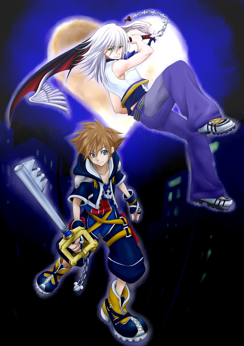 2boys bad_id bad_pixiv_id blue_eyes brown_hair fingerless_gloves gloves green_eyes highres jewelry keyblade kingdom_hearts kingdom_key koshi_(meermisa) long_hair male_focus multiple_boys necklace riku_(kingdom_hearts) sora_(kingdom_hearts) way_to_the_dawn white_hair