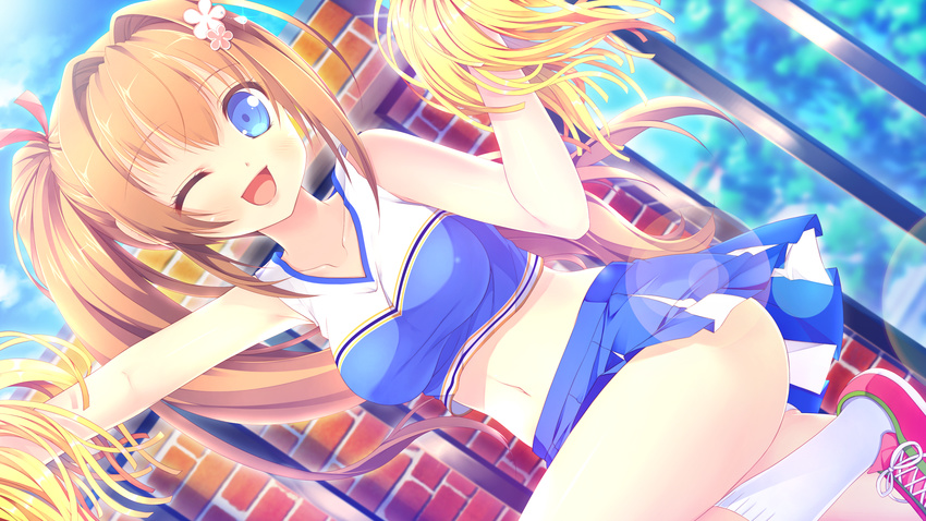 alcot blue_eyes brown_hair cheerleader game_cg long_hair loverec narumi_yuu navel panties ponytail socks underwear wink yashinaga_chiho yoshinaga_chiho