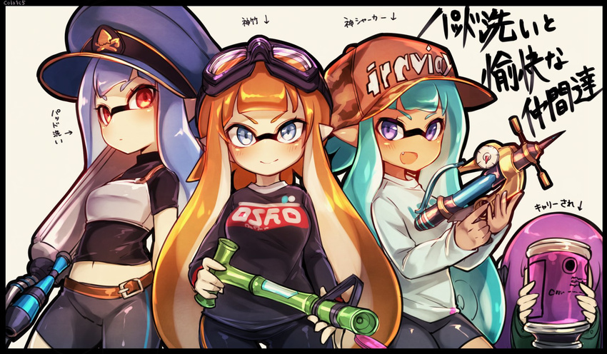 4girls aqua_eyes aqua_hair armor bad_id bad_twitter_id bamboozler_14_(splatoon) baseball_cap belt bike_shorts black_border black_shirt black_shorts blue_eyes blue_hair blunt_bangs blush border breastplate brown_hat camouflage camouflage_headwear closed_mouth commentary_request conomi-c5 covered_face cowboy_shot e-liter_3k_(splatoon) goggles goggles_on_head hat headgear hiding highres holding holding_weapon inkling inkling_(language) inkling_girl inkling_player_character long_hair long_sleeves looking_at_viewer midriff multiple_girls navel orange_hair parted_lips peaked_cap pointy_ears print_shirt purple_hair red_eyes shirt short_sleeves shorts simple_background single_vertical_stripe smile splash-o-matic_(splatoon) splatoon_(series) splatoon_1 squatting standing suction_bomb_(splatoon) tan_background tentacle_hair translation_request weapon white_shirt