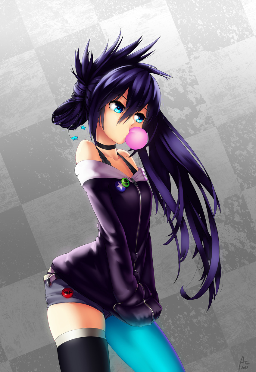 absurdres alternate_hairstyle arantheus asymmetrical_legwear badge bare_shoulders black_hair black_rock_shooter black_rock_shooter_(character) blowing_bubbles blue_eyes breasts button_badge checkered chewing_gum choker female folded_ponytail glowing half_updo hands_in_pockets highres imageboard_desourced long_hair non-web_source short_shorts shorts single_thighhigh small_breasts solo thighhighs uneven_legwear