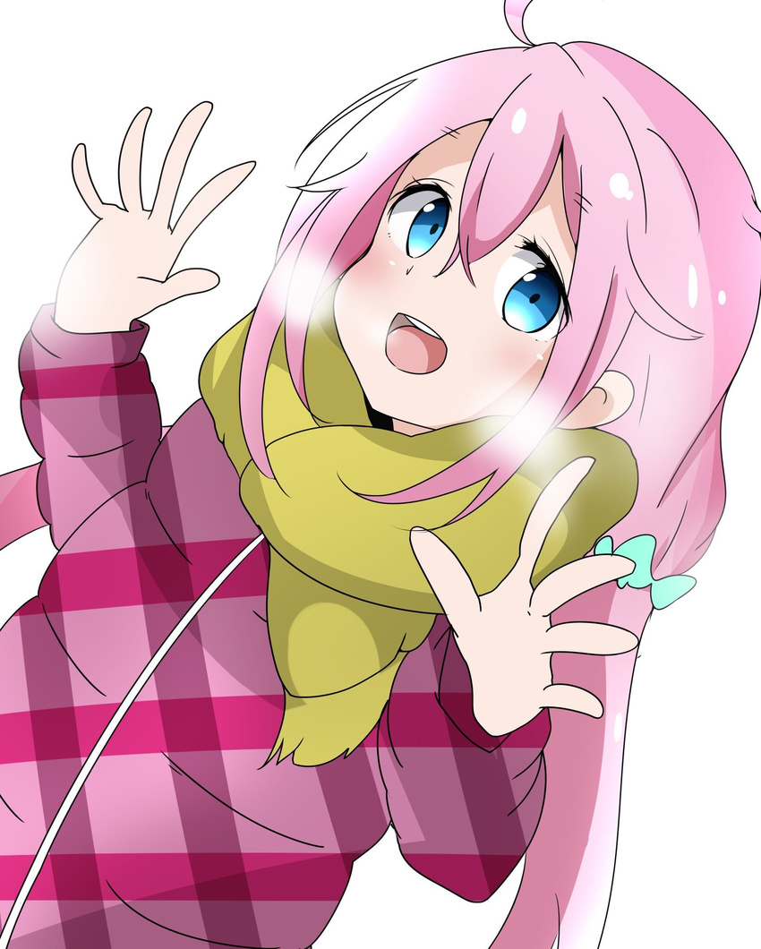 ahoge blue_eyes blush commentary_request eyebrows female hair_ornament highres kagamihara_nadeshiko long_hair looking_at_viewer open_hand open_mouth pink_hair riyo_(aokiwazumi) scarf simple_background solo standing teeth white_background yurucamp