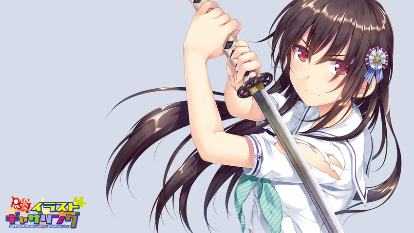 akabeisoft2 alpha black_hair boku_no_hitori_sensou inuduca_rumi katana red_eyes seifuku sword torn_clothes weapon