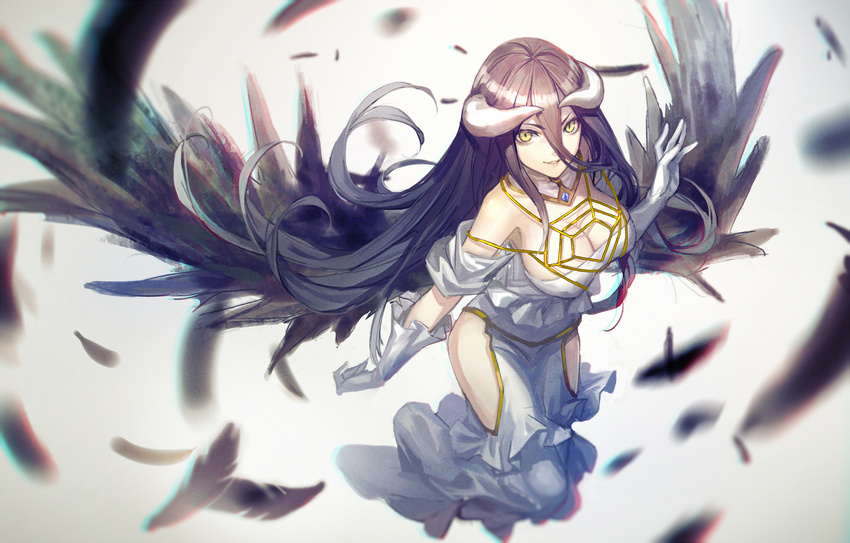 albedo black_hair breasts cleavage dress feathers gloves horns long_hair overlord wings yellow_eyes zhouran