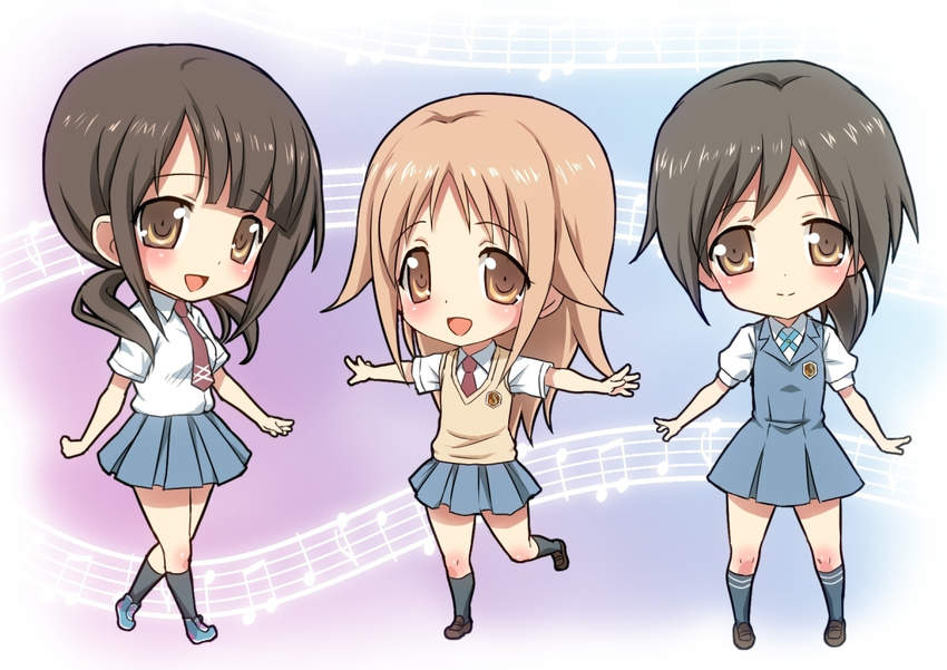 3girls bad_id bad_pixiv_id black_hair blush brown_hair commentary_request legs long_hair looking_at_viewer miyamoto_konatsu multiple_girls musical_note necktie okita_sawa open_mouth orange_eyes rokko sakai_wakana school_uniform short_hair skirt smile socks sweater_vest tari_tari