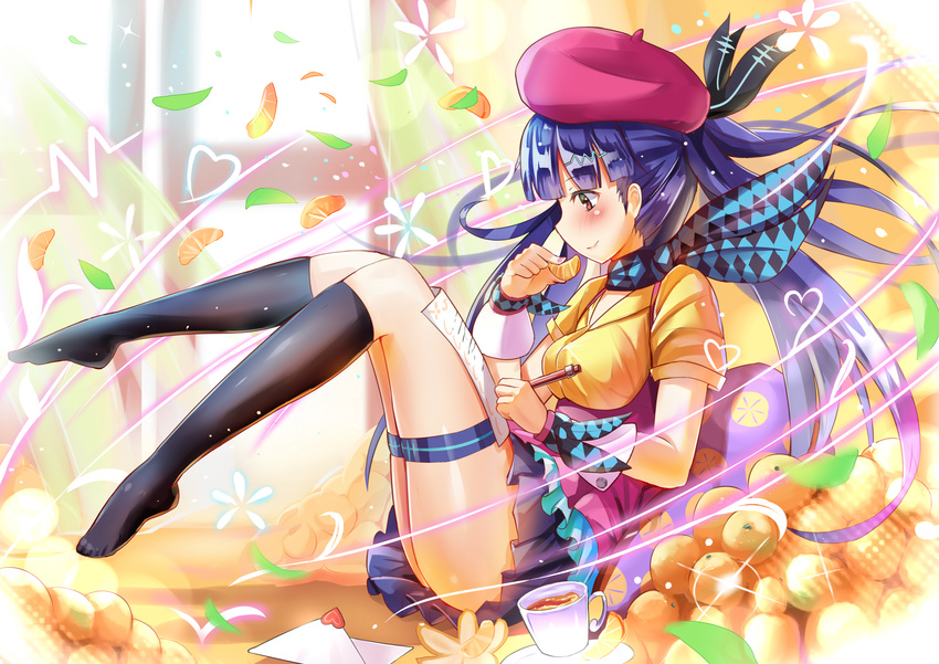 blue_hair blush drink fruit garter hat kneehighs long_hair orange_(fruit) paper qian_wu_atai scarf vocaloid wristwear xin_hua