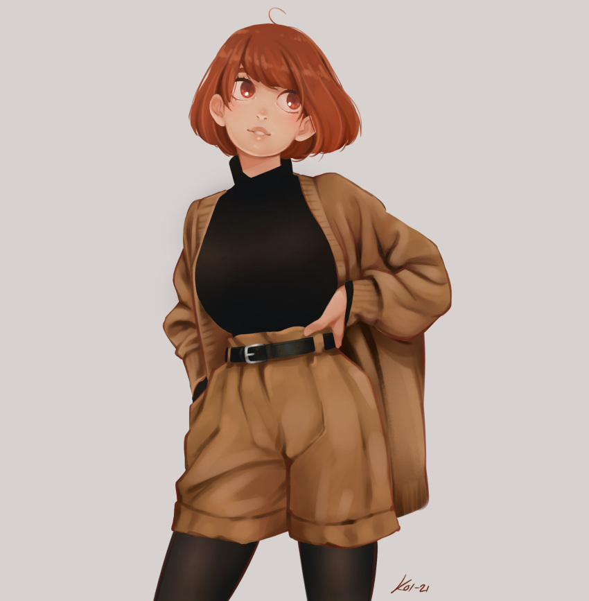 belt belt_buckle black_sweater bob_cut boku_no_hero_academia brown_cardigan brown_shorts buckle cardigan female grey_background hand_on_hip highres koihorkka legwear_under_shorts long_sleeves looking_to_the_side open_mouth orange_eyes orange_hair pantyhose short_hair shorts simple_background solo sweater turtleneck turtleneck_sweater uraraka_ochako