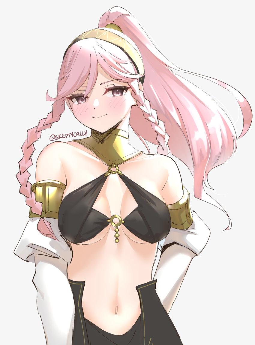 armlet bare_shoulders blush braid breasts cleavage commentary_request cowboy_shot dancer detached_sleeves female fire_emblem fire_emblem_awakening fire_emblem_heroes grey_background hairband highres long_hair looking_at_viewer medium_breasts midriff navel o-ring o-ring_top olivia_(fire_emblem) olivia_(performing_arts)_(fire_emblem) parted_bangs pink_eyes pink_hair ponytail side_braids simple_background skeptycally smile solo twin_braids twitter_username underboob