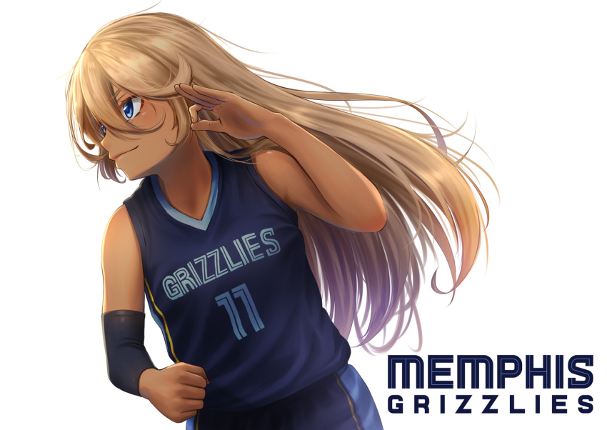 arm_up azur_lane basketball basketball_uniform blonde_hair blue_eyes blue_shirt blue_shorts cosplay elbow_sleeve female hair_between_eyes long_hair memphis_grizzlies mike_conley mike_conley_(cosplay) national_basketball_association ok_sign pose shirt shorts simple_background single_bare_arm sleeveless sleeveless_shirt smile sportswear tennessee_(azur_lane) upper_body white_background yakkuro