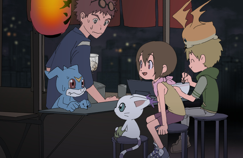 2boys absurdres bandana bar_stool brown_eyes brown_hair chopsticks city_lights cityscape closed_eyes closed_mouth creature_on_head digimon digimon_(creature) digimon_adventure digimon_adventure:_last_evolution_kizuna eating eyewear_on_head female glasses highres hood hoodie motomiya_daisuke multiple_boys nervous night noren open_mouth patamon short_hair shorts sitting smile stool sweatdrop tail tailmon takaishi_takeru tantanmen time_paradox v-mon yagami_hikari