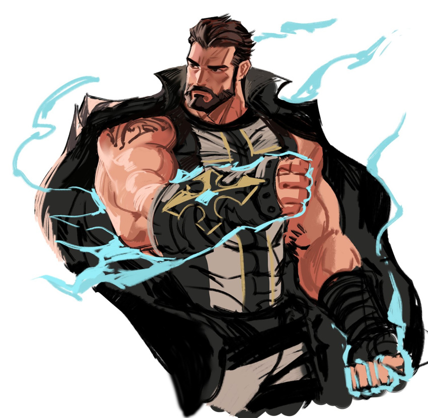 1boy bara bare_shoulders beard black_hair black_jacket blood blood_on_face commentary covered_abs cropped_legs dopey_(dopq) dungeon_and_fighter facial_hair fighting_stance highres injury jacket jacket_on_shoulders looking_to_the_side male_focus male_priest_(dungeon_and_fighter) mature_male monk_(dungeon_and_fighter) muscular muscular_male short_hair sleeveless solo symbol-only_commentary