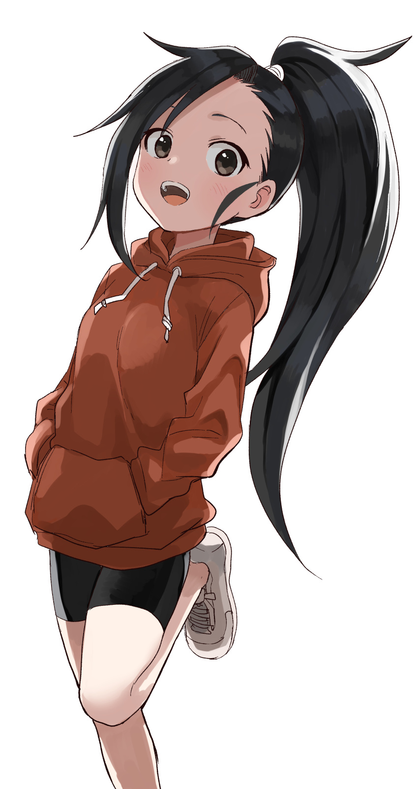 absurdres bike_shorts black_eyes blush female hands_in_pockets highres hood hooded_jacket jacket jaggy_lines kunoichi_tsubaki_no_mune_no_uchi long_hair long_sleeves open_mouth ponytail red_jacket shoes simple_background smile solo standing standing_on_one_leg tsubaki_(kunoichi_tsubaki_no_mune_no_uchi) white_background white_footwear yamamoto_souichirou