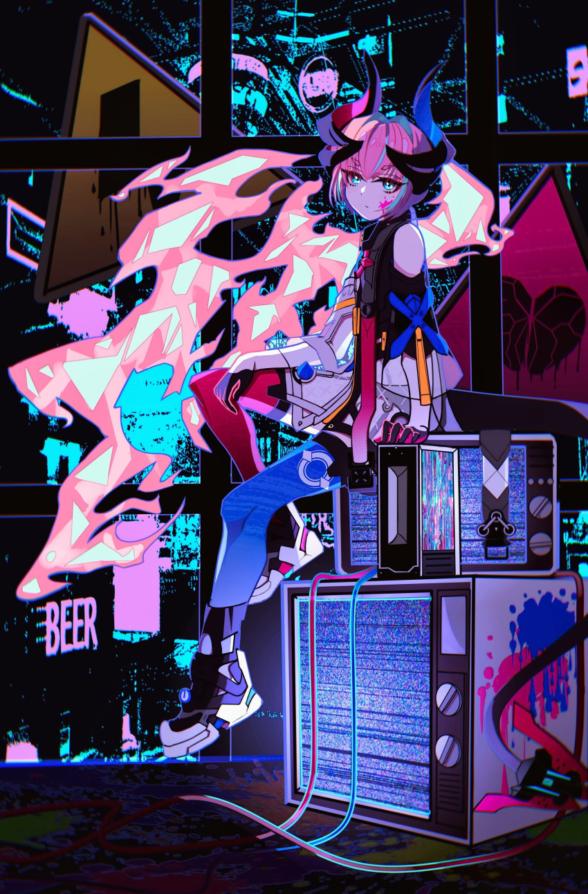 absurdres bare_shoulders black_footwear black_gloves blue_eyes closed_mouth cyberpunk female full_body gloves highres honkai_(series) honkai_impact_3rd horns long_hair long_sleeves looking_at_viewer lulu_(15183338668) neon_lights paint_splatter pink_hair rozaliya_olenyeva rozaliya_olenyeva_(fervent_tempo) shirt shoes sitting sneakers solo tail television white_shirt