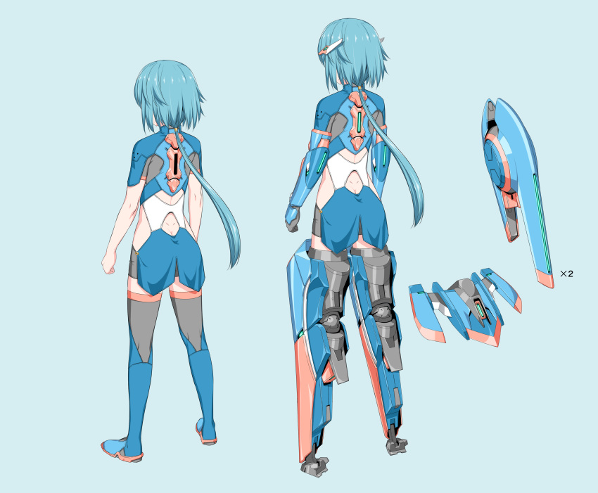 212_(kisaragi) absurdres armor blue_footwear blue_hair bodysuit boots butt_crack clenched_hands commentary_request concept_art exoskeleton female gloves grey_gloves gun highres long_hair mecha_musume multiple_views original ponytail standing thigh_boots thighhighs weapon