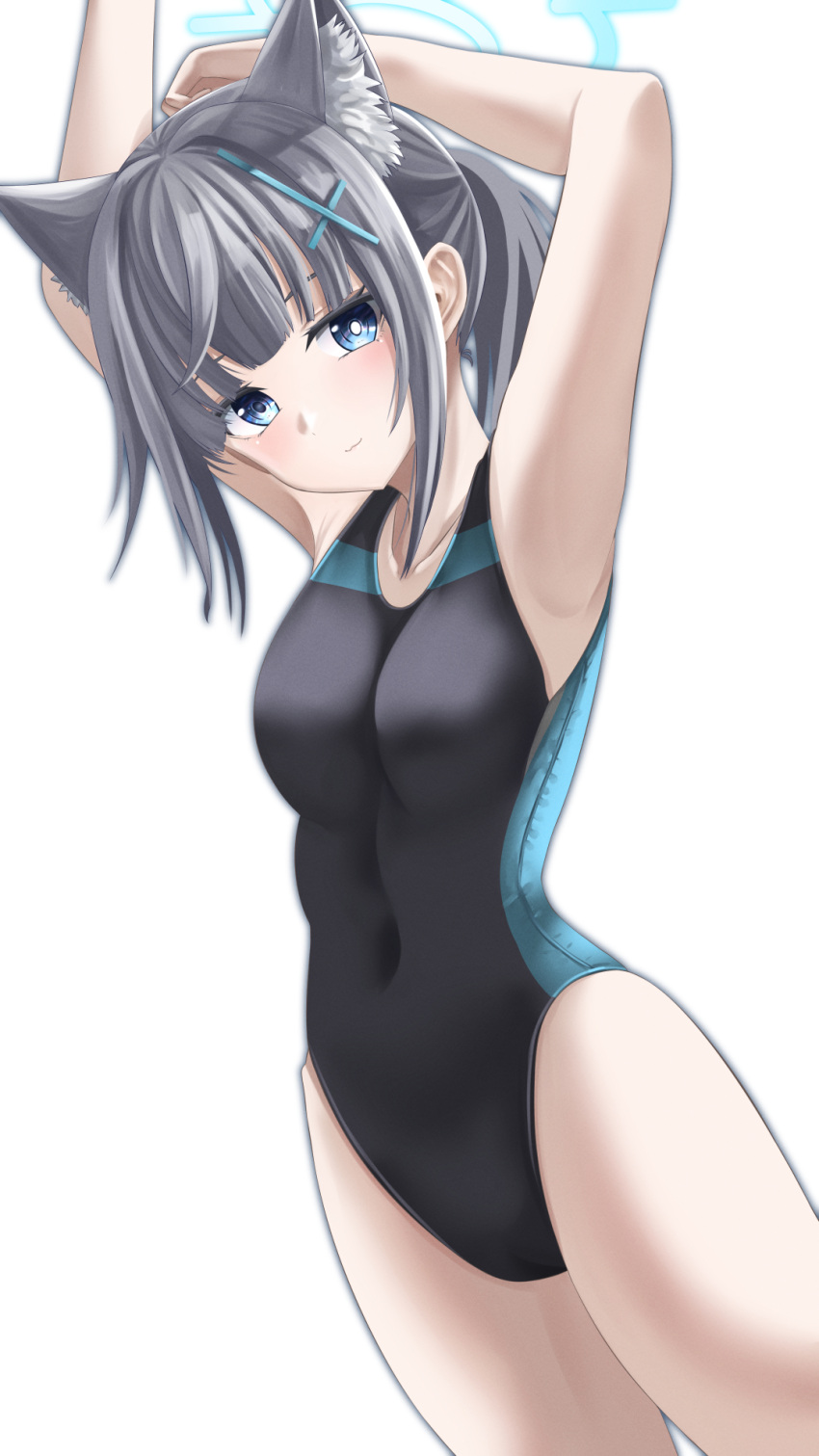 animal_ear_fluff animal_ears arms_behind_head black_one-piece_swimsuit blue_archive blue_eyes breasts competition_swimsuit covered_navel cowboy_shot cross cross_hair_ornament extra_ears female grey_hair hair_ornament halo highres inverted_cross looking_at_viewer low_ponytail medium_breasts medium_hair mismatched_pupils multicolored_clothes multicolored_swimsuit official_alternate_costume one-piece_swimsuit shiroko_(blue_archive) shiroko_(swimsuit)_(blue_archive) solo sway_back swimsuit totororo wolf_ears