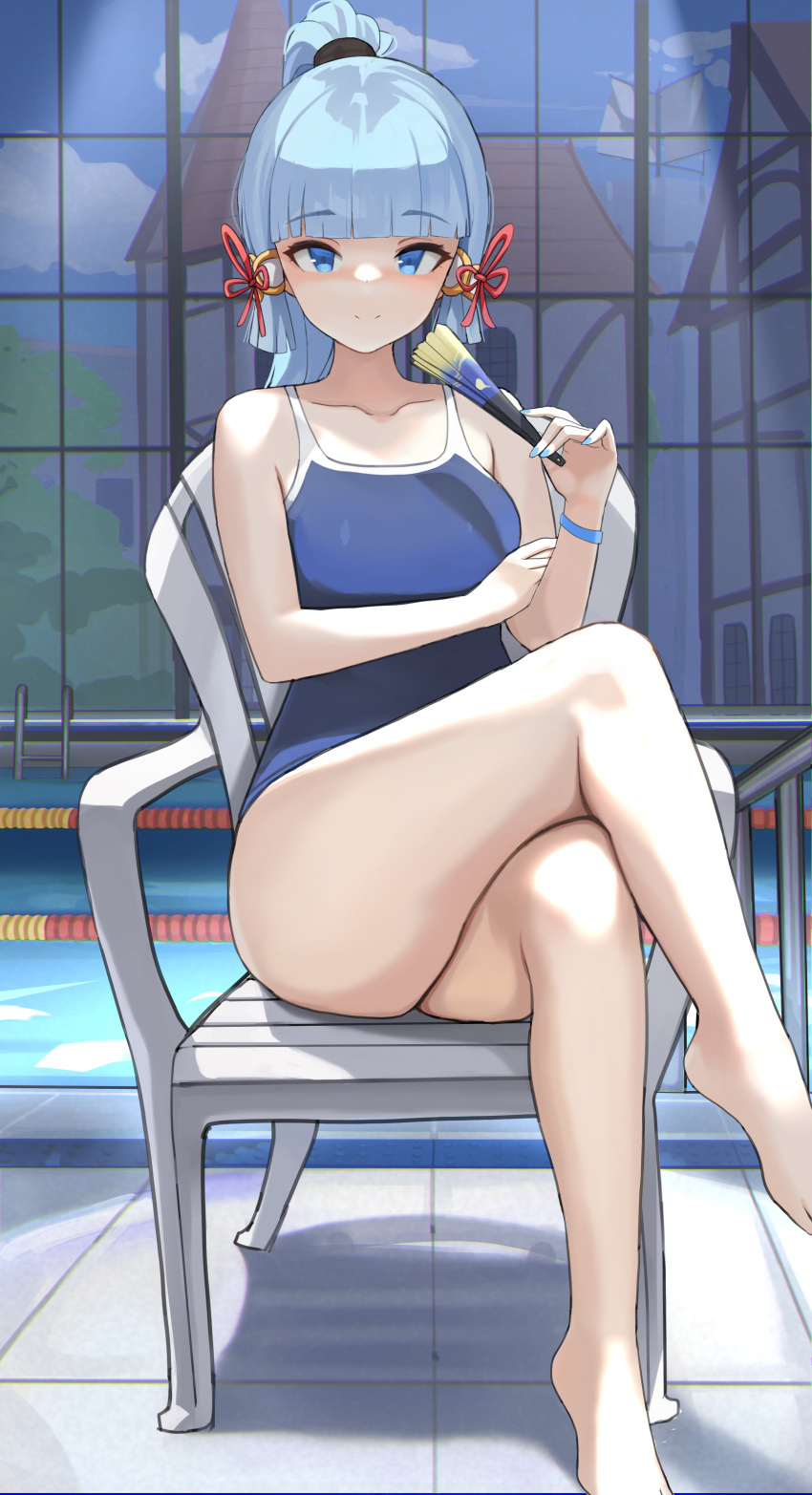 absurdres bare_legs barefoot blue_nails blue_one-piece_swimsuit blunt_bangs blunt_tresses building c: closed_mouth collarbone commentary convenient_leg crossed_legs dolri fan_to_mouth female flower_knot folded_fan folding_fan gable_roof genshin_impact hair_ribbon half-timbered hand_fan hand_on_own_arm highres holding holding_fan holding_own_arm house kamisato_ayaka lane_line legs looking_at_viewer nail_polish on_chair one-piece_swimsuit ponytail pool_ladder poolside reflection ribbon school_swimsuit sitting smile solo split_mouth swimsuit tile_floor tile_roof tiles tower tress_ribbon