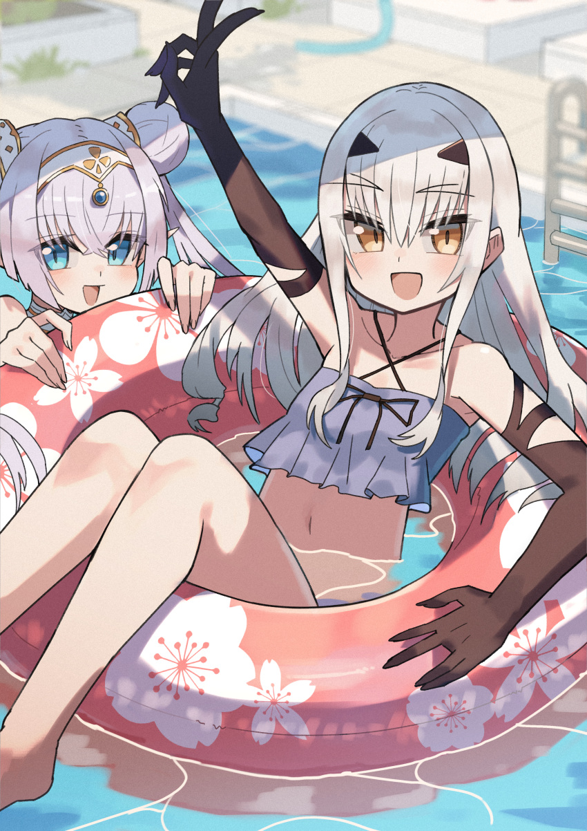 2girls absurdres bare_shoulders bikini black_gloves blue_eyes blush breasts britomart_(fate) collarbone double_bun elbow_gloves fate/grand_order fate_(series) forked_eyebrows gloves grey_hair hair_bun hairband highres innertube katsu_(katsupainter) long_hair looking_at_viewer melusine_(fate) multiple_girls navel open_mouth pointy_ears pool sidelocks small_breasts smile swim_ring swimsuit thighs twintails v very_long_hair water white_bikini white_hair yellow_eyes