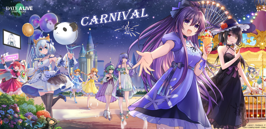 6+girls absurdres amusement_park animal_ears arusu_maria bag balloon bare_arms black_dress black_hair blonde_hair blue_dress blue_eyes carousel closed_mouth date_a_live date_a_live:_spirit_pledge dress fake_animal_ears ferris_wheel flower food green_eyes green_hair grey_eyes grey_hair handbag hat heterochromia highres ice_cream itsuka_kotori izayoi_miku long_hair multiple_girls natsumi_(date_a_live) night night_sky official_art open_hand open_mouth purple_dress purple_eyes purple_hair red_eyes red_flower red_hair red_rose rose sky smile star_(sky) starry_sky tobiichi_origami tokisaki_kurumi twintails white_hair yamai_kaguya yamai_yuzuru yatogami_tooka yellow_dress yellow_eyes yoshino_(date_a_live) yoshinon