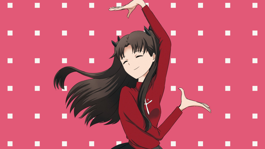 ^_^ arm_up black_hair bow closed_eyes commentary_request easy_breezy eizouken_ni_wa_te_wo_dasu_na! fate/stay_night fate_(series) female hairbow highres long_hair parody pose qurm_(enpitsu) red_background skirt smile sweater tohsaka_rin