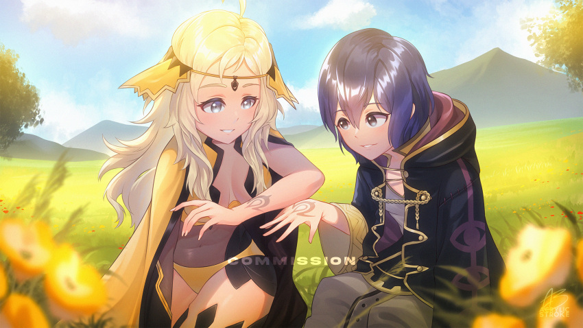 2girls acrylicstroke black_hair blonde_hair branded cape cloak cousins covered_navel fire_emblem fire_emblem_awakening fire_emblem_fates grey_eyes highres hood hooded_cloak long_hair morgan_(female)_(fire_emblem) morgan_(fire_emblem) mountainous_horizon multiple_girls ophelia_(fire_emblem) outdoors panties short_hair underwear yellow_panties