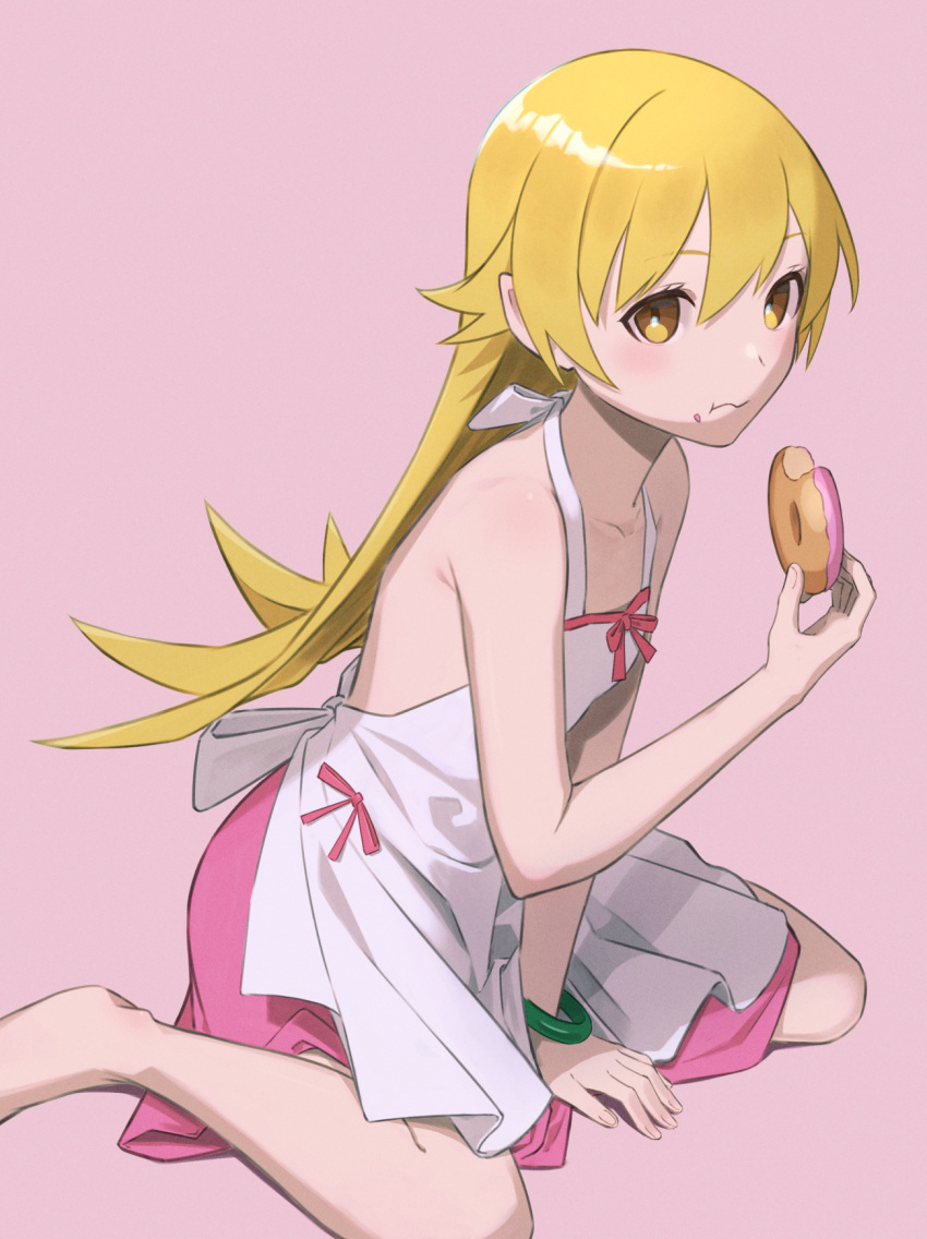 arm_support armpit_crease bare_shoulders blonde_hair blush bow bracelet breasts closed_mouth collarbone commentary doughnut dress dress_bow eating female flipped_hair food food_on_face full_body hair_between_eyes halterneck hand_up highres holding holding_food jewelry long_hair looking_ahead monogatari_(series) multicolored_clothes multicolored_dress oshino_shinobu pink_background pink_bow pink_dress shimizu_tomoki sidelocks simple_background sitting small_breasts solo straight_hair swept_bangs very_long_hair wariza white_dress yellow_eyes