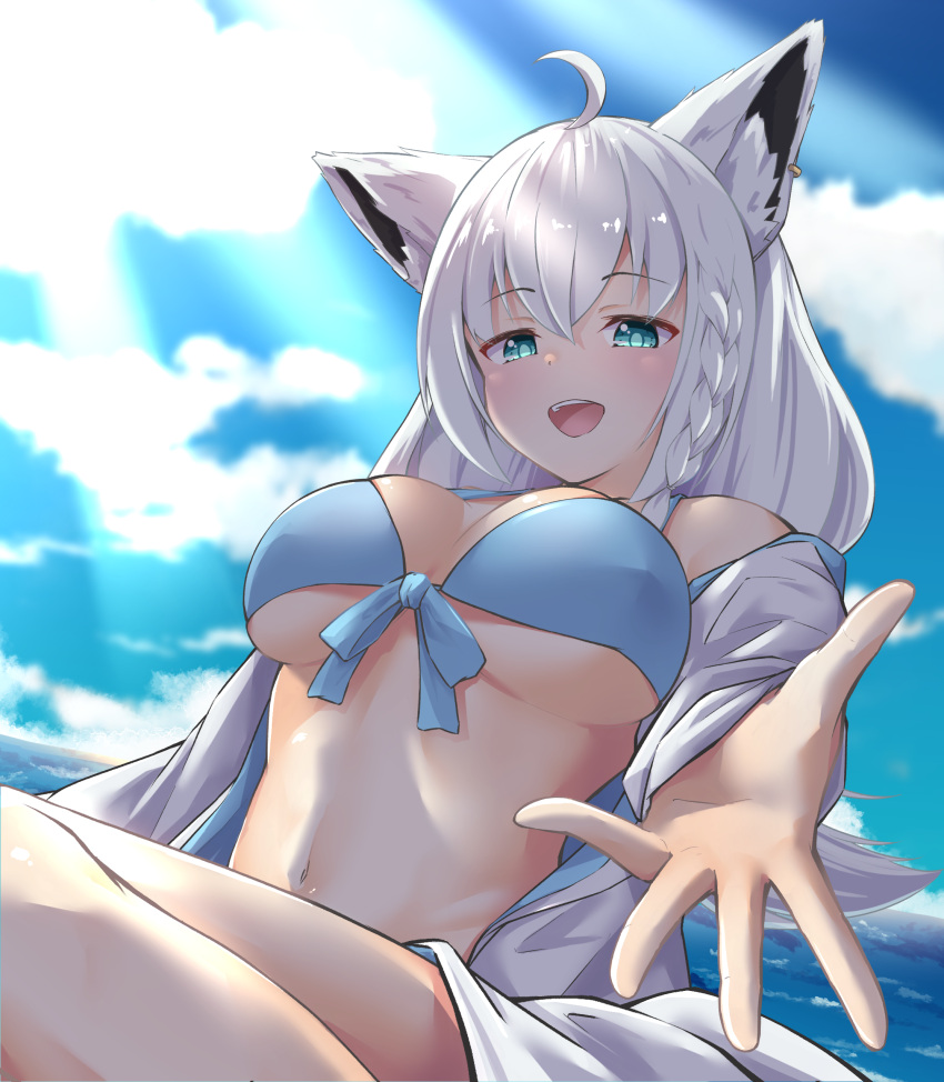 absurdres ahoge animal_ear_fluff animal_ears bikini blue_bikini blush braid breasts cloud cloudy_sky commentary_request day earrings female fox_ears fox_girl green_eyes hair_between_eyes highres hololive hood hooded_jacket jacket jewelry light_rays long_hair looking_at_viewer medium_breasts ocean official_alternate_costume open_clothes open_hand open_jacket open_mouth outdoors outstretched_arm rururaroru shirakami_fubuki shirakami_fubuki_(hololive_summer_2019) sidelocks single_braid sky solo swimsuit virtual_youtuber white_hair white_jacket