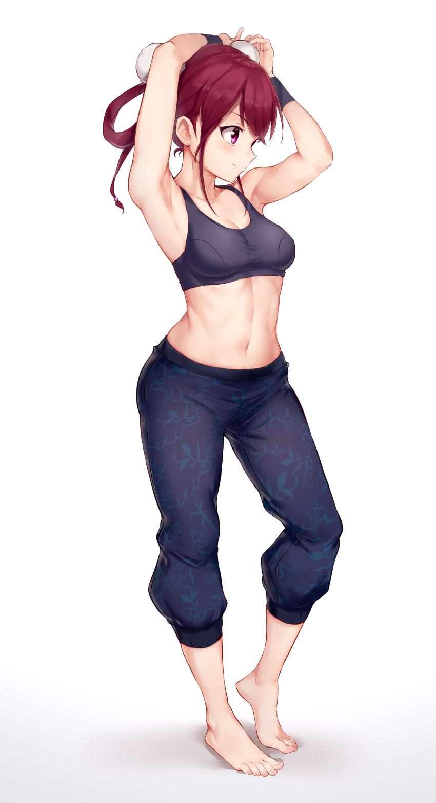 absurdres alice_gear_aegis aomoro armpits arms_up bare_arms bare_shoulders barefoot blue_pants breasts bun_cover capri_pants closed_mouth commentary_request double_bun feet female full_body hair_bun hair_rings highres legs long_hair looking_away medium_breasts navel pants print_pants purple_eyes red_eyes simple_background smile solo sports_bra standing stomach toes wang_honghua white_background wristband