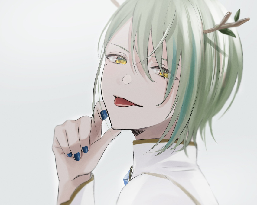 1boy antlers blue_nails branch ceres_faun ceres_fauna fingernails genderswap_(ftm) green_hair highres hololive hololive_english horns looking_at_viewer male_focus misa_10091 nail_polish rule_63 short_hair solo tongue tongue_out virtual_youtuber yellow_eyes