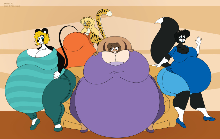 2013 anthro ass belly belly_size_difference big_belly big_breasts big_butt black_body black_fur black_hair blonde_hair blue_eyes bottomwear breasts bridgette's_belly bridgette_ouvry brown_eyes brown_hair chipmunk clothed clothing copyright_symbol cyall digital_media_(artwork) domestic_cat felid feline felis female footwear fur furniture gesture ground_squirrel group hair hand_on_breast hi_res huge_belly huge_breasts hybrid hyper hyper_belly hyper_breasts hyper_pregnancy lagomorph leopard leporid mammal marissa_(marissa) mouse multicolored_body multicolored_fur murid murine pantherine pants pregnant rodent satsumalord sciurid shirt shoes sofa spots symbol terry_(satsumalord) thick_thighs tiger topwear two_tone_body two_tone_fur waving white_body white_fur