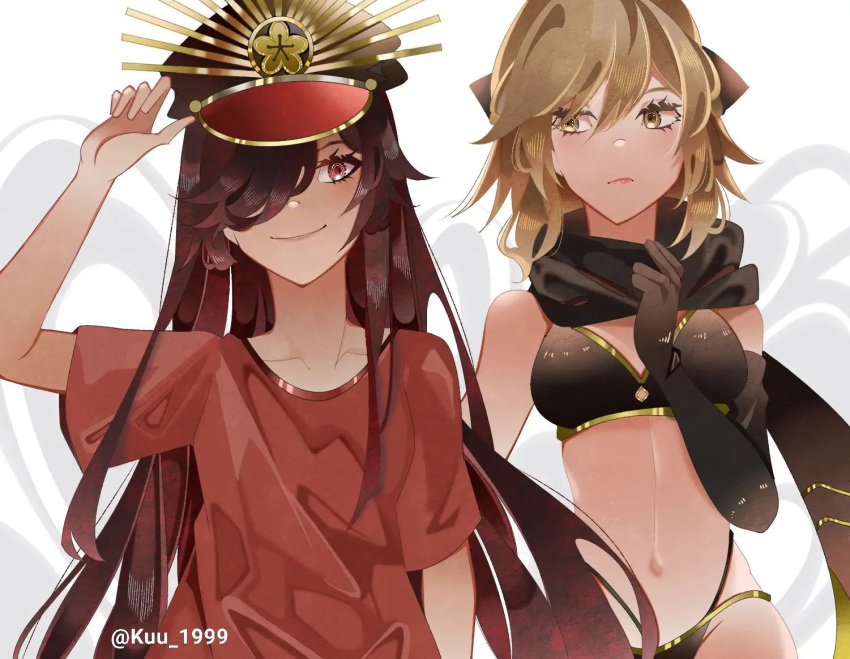 2girls arm_up artist_name asymmetrical_bangs asymmetrical_gloves bad_id bad_pixiv_id bikini black_bikini black_gloves black_scarf blonde_hair breasts brown_hair closed_mouth collarbone elbow_gloves fate/grand_order fate_(series) gloves hair_over_one_eye hand_on_headwear hat kuu_1999 long_hair looking_at_another looking_at_viewer medium_breasts multiple_girls navel oda_nobunaga_(fate) oda_nobunaga_(koha-ace) okita_j._souji_(fate) okita_j._souji_(first_ascension)_(fate) okita_souji_(fate) peaked_cap red_eyes red_shirt scarf shirt short_hair short_sleeves single_glove smile straight_hair swimsuit t-shirt uneven_gloves yellow_eyes