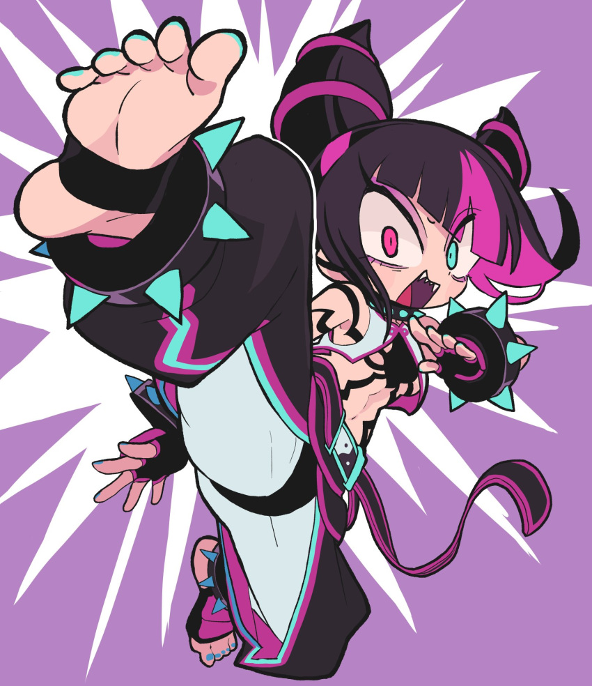 aqua_eyes baggy_pants belt black_hair blue_nails bracelet breasts collar commentary crazy_eyes feet female fingerless_gloves flying_kick foot_focus gashi-gashi gloves hair_horns heterochromia highres incoming_kick jewelry juri_han kicking looking_at_viewer medium_breasts medium_hair multicolored_hair nail_polish navel open_mouth pants pink_eyes sharp_teeth soles spiked_bracelet spiked_collar spikes stirrup_footwear stirrup_legwear streaked_hair street_fighter street_fighter_6 symbol-only_commentary teeth toeless_legwear toenail_polish toenails yin_yang