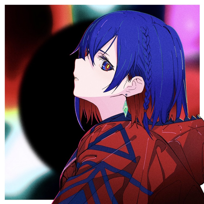 blue_hair braid colored_inner_hair earrings female hood hood_down hooded_jacket jacket jewelry kamitsubaki_studio looking_at_viewer multicolored_eyes multicolored_hair orb parted_lips profile red_hair red_jacket rim_(kamitsubaki_studio) short_hair side_braid solo tarou2 two-tone_hair upper_body virtual_youtuber yellow_pupils