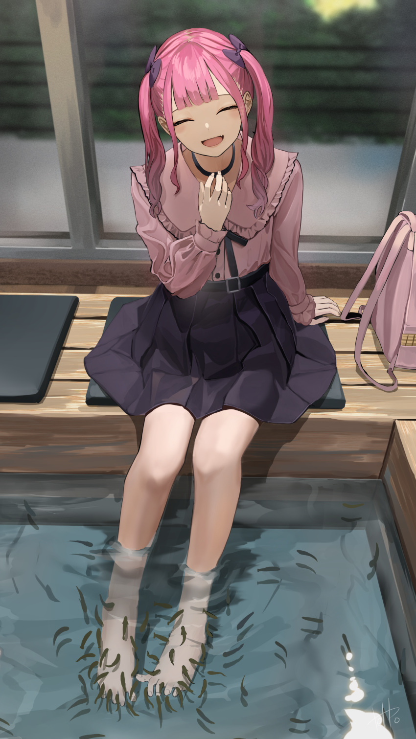 absurdres backpack bad_feet bag bare_legs barefoot belt black_bow black_skirt bow buttons closed_eyes doctor_fish female fish fish_pedicure frills hairbow highres hinamizawa_hinami_(tetto) indoors jirai_kei long_hair oerba_yun_fang original pink_hair pink_shirt shirt skirt soaking_feet solo spread_toes tetto_(onnoveltet) toes twintails unworn_backpack unworn_bag