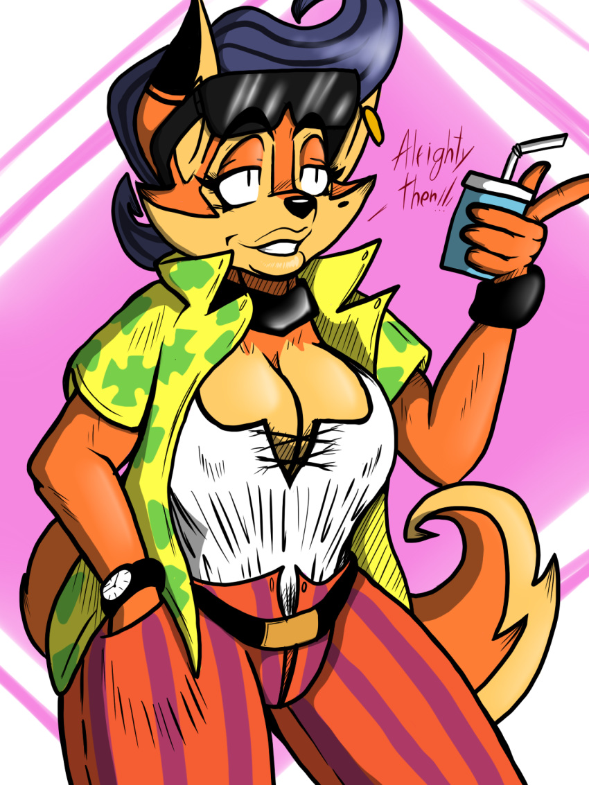 3:4 ace_ventura ace_ventura_(copyright) anthro beverage big_breasts breasts canid canine carmelita_fox cleavage clock clothed clothing cosplay crossover crossover_cosplay ear_piercing ear_ring eyewear female fox hi_res mammal piercing ring_piercing sly_cooper_(series) solo sony_corporation sony_interactive_entertainment sucker_punch_productions sunglasses warner_brothers watch wristwatch xxtheoneguyxx