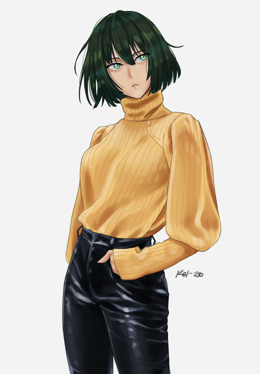 artist_name black_pants dark_green_hair female green_eyes hand_in_pocket highres koihorkka leather leather_pants long_sleeves one-punch_man open_mouth pants ribbed_sweater short_hair simple_background solo standing sweater turtleneck turtleneck_sweater white_background yellow_sweater