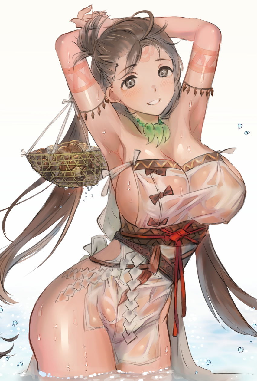 armpits arms_behind_head arms_up bare_shoulders basket body_markings breasts brown_eyes brown_hair clam commentary dress facial_mark fate/grand_order fate_(series) female forehead forehead_mark grin highres himiko_(fate) himiko_(first_ascension)_(fate) jewelry katase_bono large_breasts long_hair looking_at_viewer magatama magatama_necklace necklace no_bra no_panties sash side_slit sideboob smile solo thighs topknot twintails wading water wet white_dress