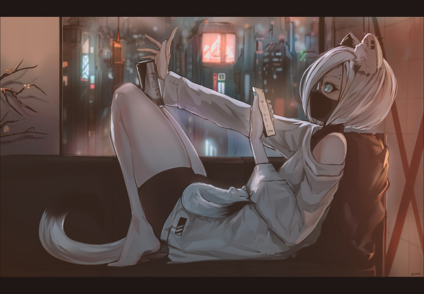 animal_ears arknights barefoot black_bodysuit blue_eyes bodysuit breasts can casual cellphone cityscape commentary couch ear_piercing ehrrr english_commentary ermine eyebrow_piercing female from_side hair_over_one_eye highres holding holding_can holding_phone indoors jewelry letterboxed long_sleeves looking_up mask mouth_mask night ninja ninja_mask off-shoulder_shirt off_shoulder partial_bodysuit phone photoshop_(medium) piercing shirayuki_(arknights) shirt short_hair sidelocks slit_pupils small_breasts smartphone solo stoat_girl tail weasel weasel_ears weasel_girl weasel_tail white_hair white_shirt window