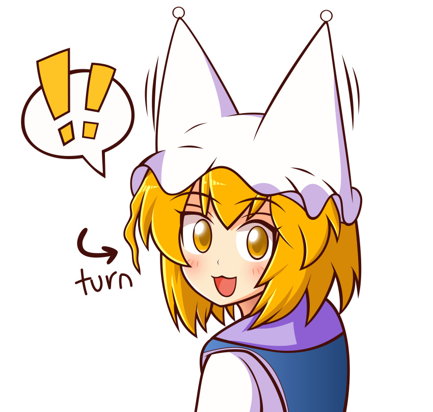 ! :3 absurdres arrow_(symbol) blonde_hair blush commentary_request english_text female from_behind highres jellycatz looking_at_viewer looking_back open_mouth raised_eyebrows spoken_exclamation_mark touhou transparent_background wool_(miwol)_(style) yakumo_ran yellow_eyes