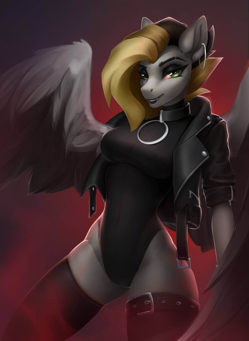 2022 absurd_res anthro areola black_hair blonde_hair breasts clothed clothing collar dacsy ear_piercing ear_ring equid equine fan_character fangs female green_eyes hair hasbro hi_res jacket jewelry leather leather_clothing leather_jacket leather_topwear legwear leotard lidded_eyes looking_at_viewer mammal multicolored_hair my_little_pony mythological_creature mythological_equine mythology nipples open_clothing open_jacket open_mouth open_smile open_topwear pegasus piercing ring_piercing smile smiling_at_viewer solo spread_legs spread_wings spreading stockings teeth thigh_highs tlen_borowski_(oc) topwear two_tone_hair wings