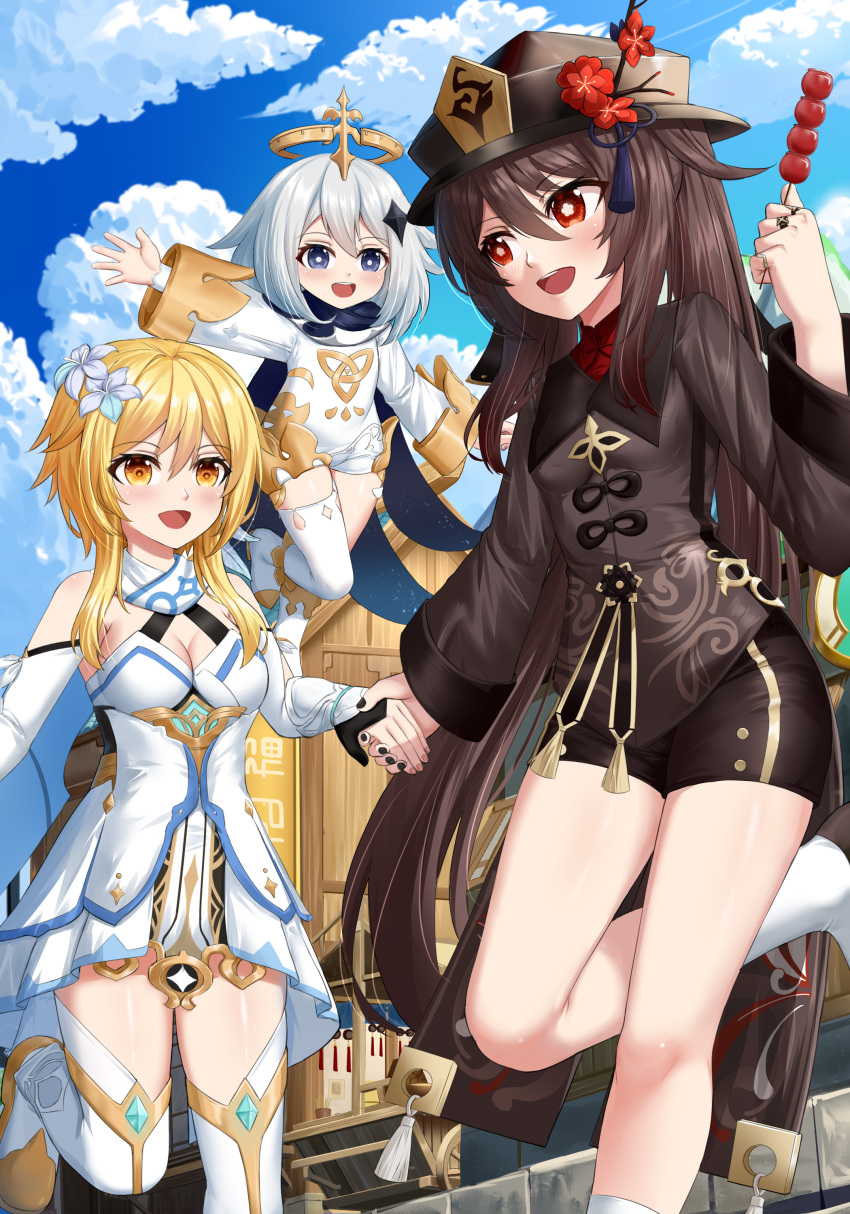 3girls :d absurdres bad_id bad_pixiv_id bare_shoulders black_headwear black_nails black_shirt black_shorts blonde_hair blue_sky blush breasts brown_hair cleavage cloud commentary_request day detached_sleeves flower food foot_out_of_frame genshin_impact hair_between_eyes hair_flower hair_ornament highres holding holding_food holding_hands hu_tao_(genshin_impact) long_hair long_sleeves lumine_(genshin_impact) multiple_girls nail_polish open_mouth outdoors paimon_(genshin_impact) red_eyes romper shirt short_shorts shorts sky skym_(kumei) small_breasts smile standing standing_on_one_leg thighhighs thighs very_long_hair white_flower white_hair white_romper white_thighhighs wide_sleeves